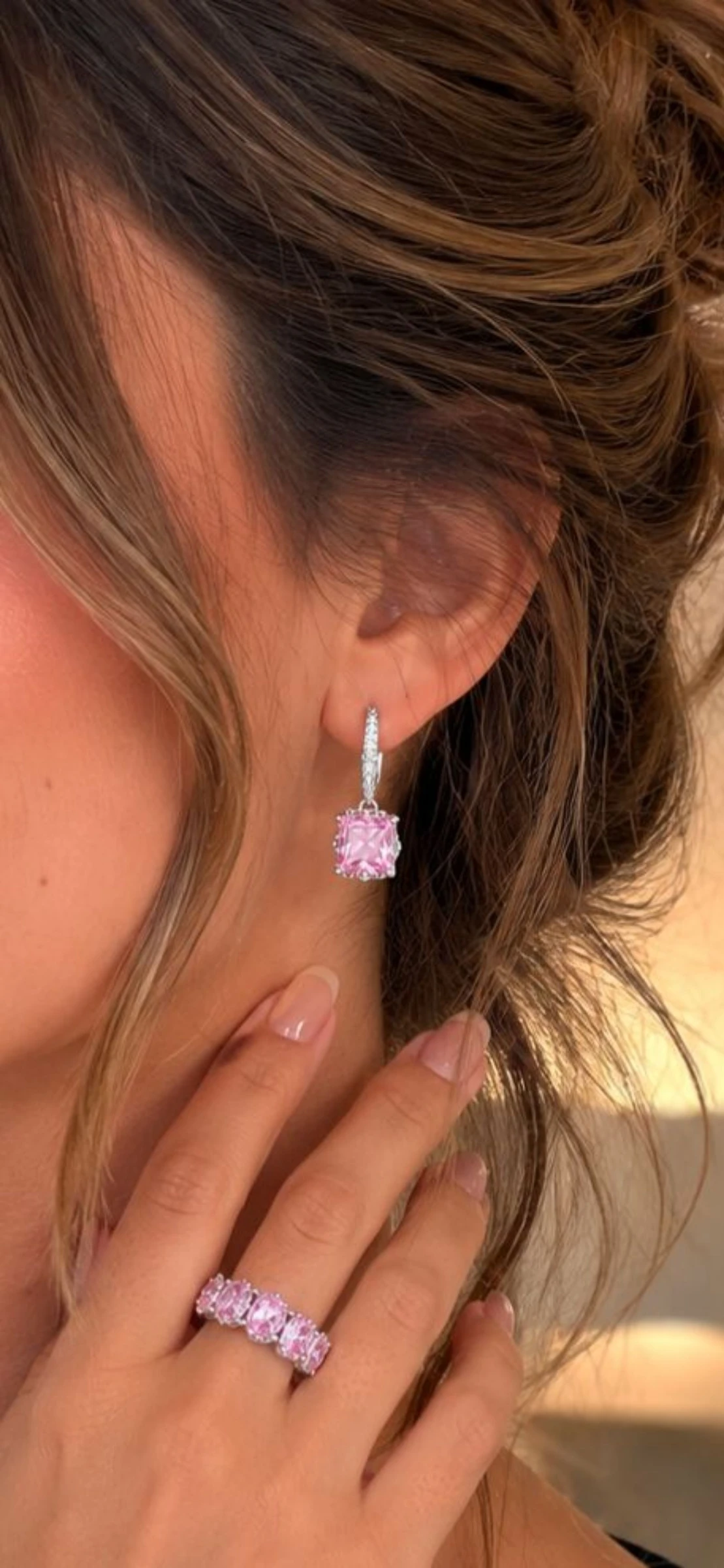 Quiet Luxury Pink Jewelry Set • Ring + Earrings • Silver Stainless Steel • Sparkling CZ – photo 8